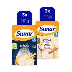SUNAR Kaše mléčná rýžová mix příchutí, 4m+, 6x210g